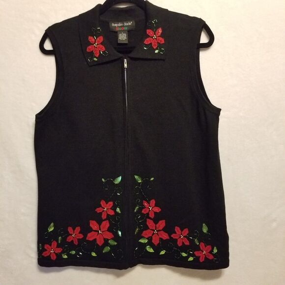 Hampshire Studio Snow L Sweater Vest Full Zip Poinsettia Christmas Holiday Vtg - Picture 1 of 7